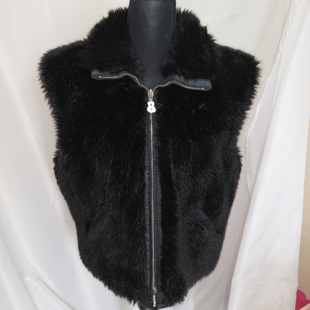 Vtg Bogner Reversible Faux Fur Vest Women’s Size 12 Made in USA Black Zip RARE